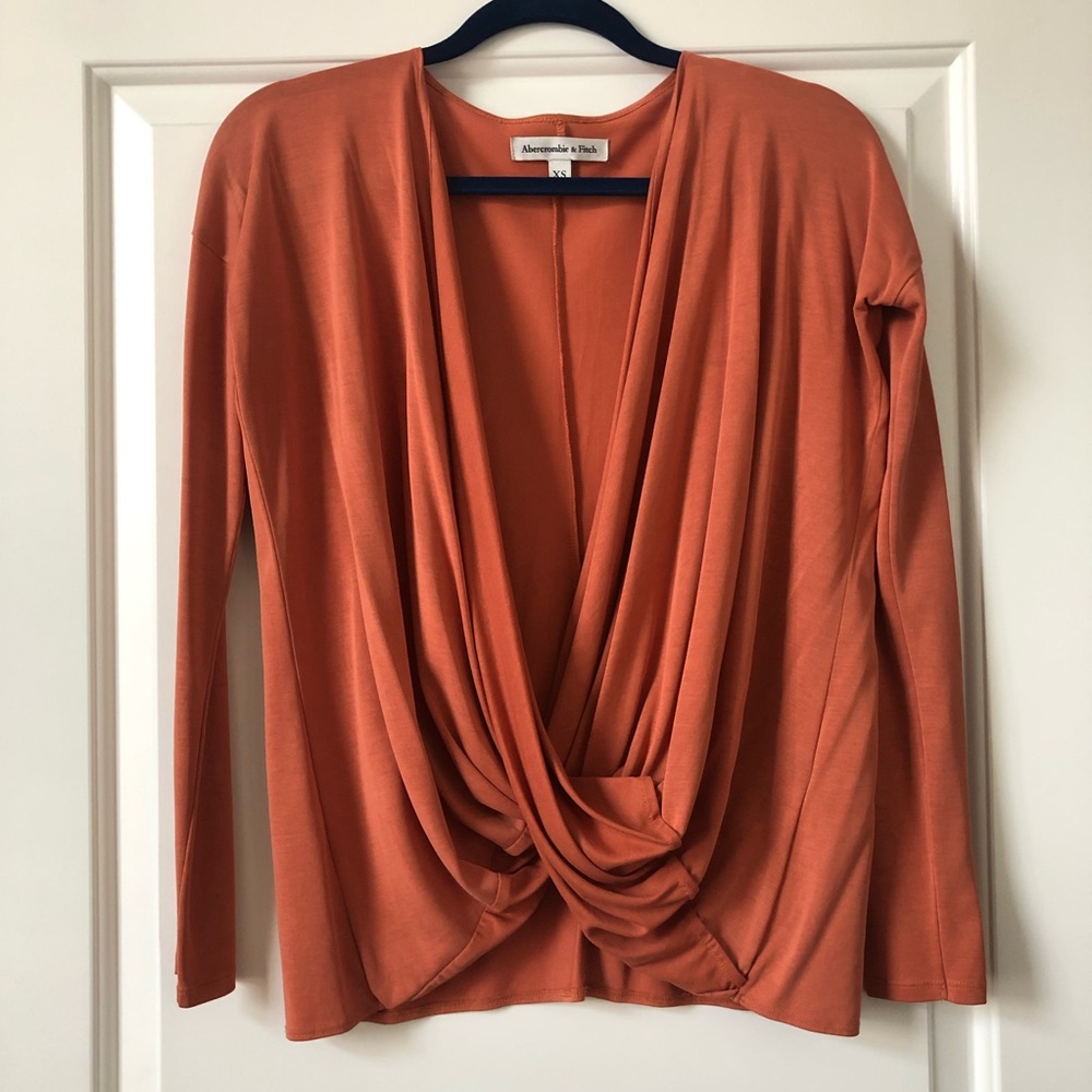 Draped Front Cowl Neck Long Sleeve Top - Rust Colored